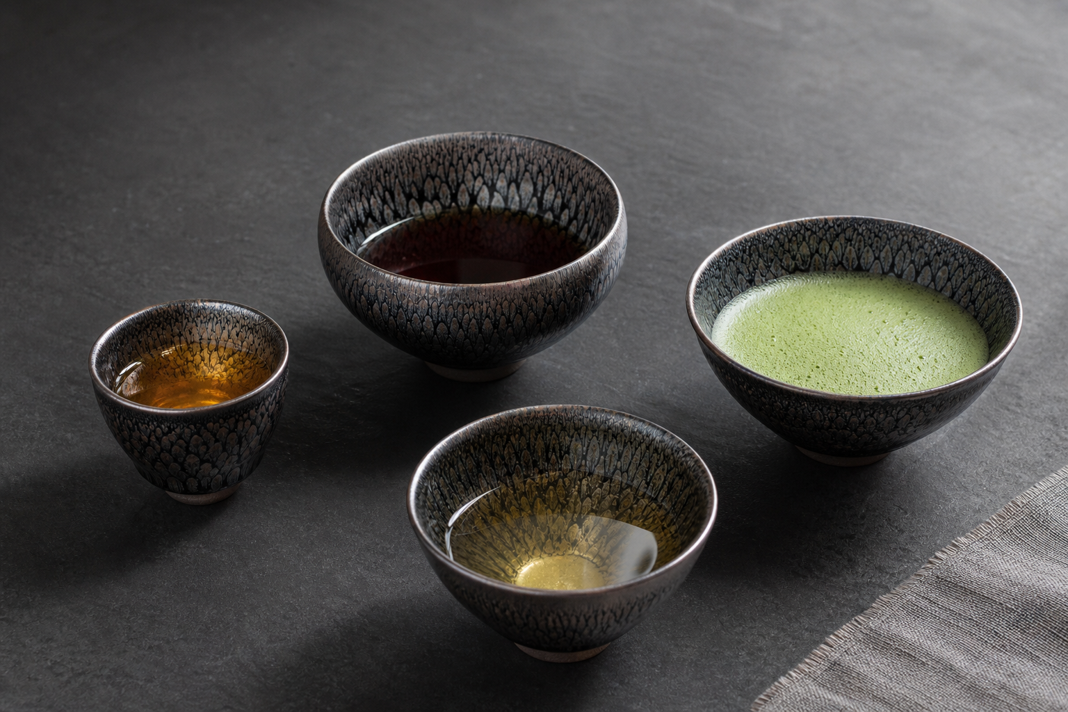 Four Jian Zhan vessels holding oolong, black tea, white tea, and matcha for a tea pairing guide