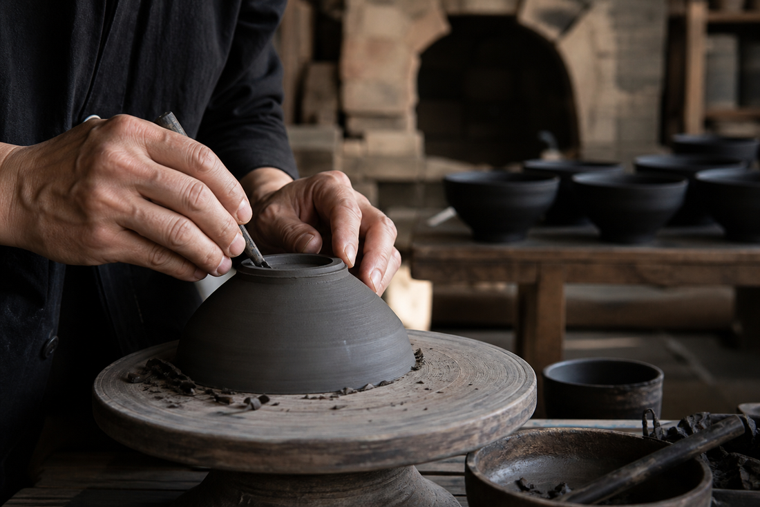A craftsperson trimming a dark clay Jian Zhan bowl in a contemporary Jianyang-inspired pottery workshop