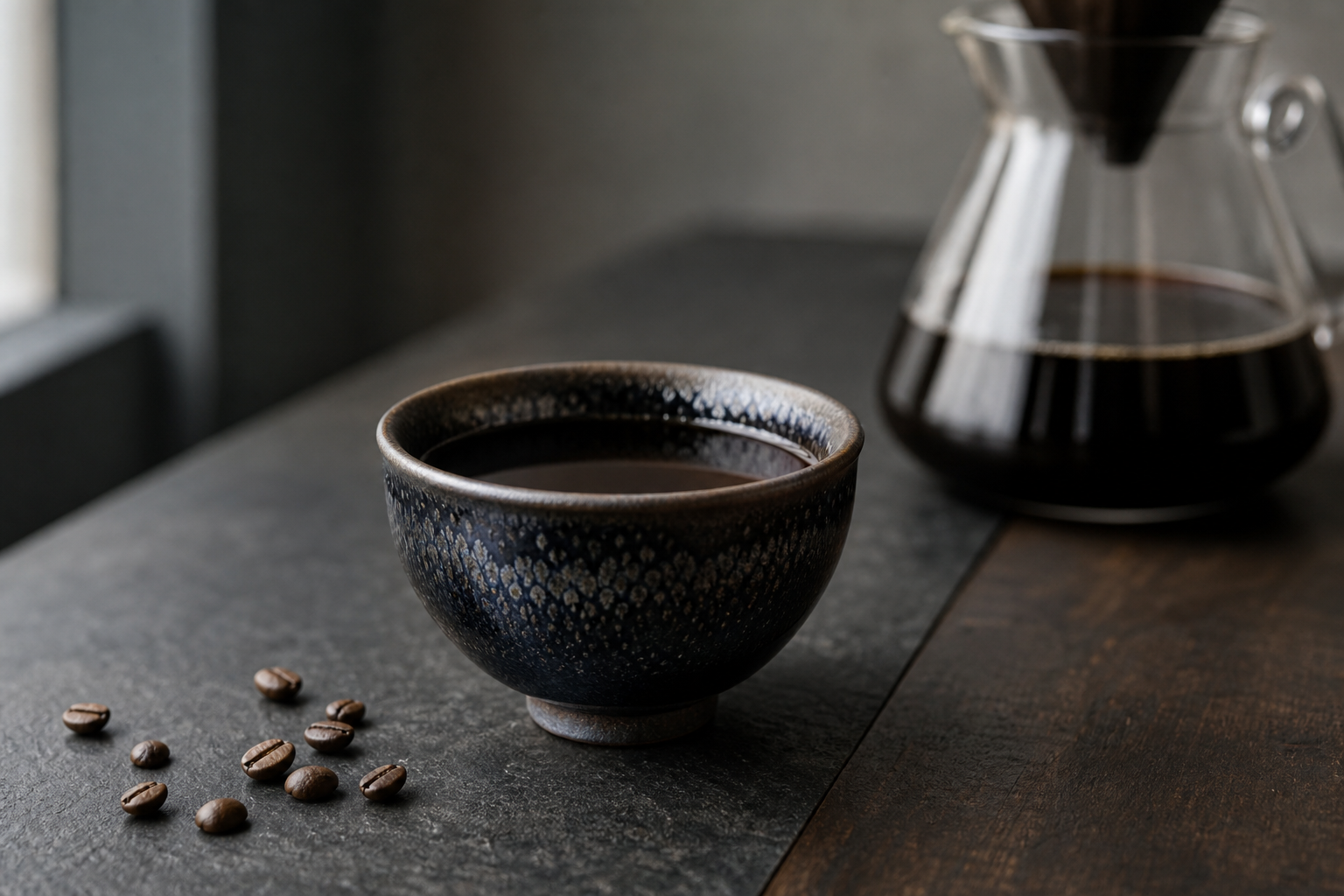 A contemporary Jian Zhan cup with black coffee beside a pour-over carafe in soft morning light