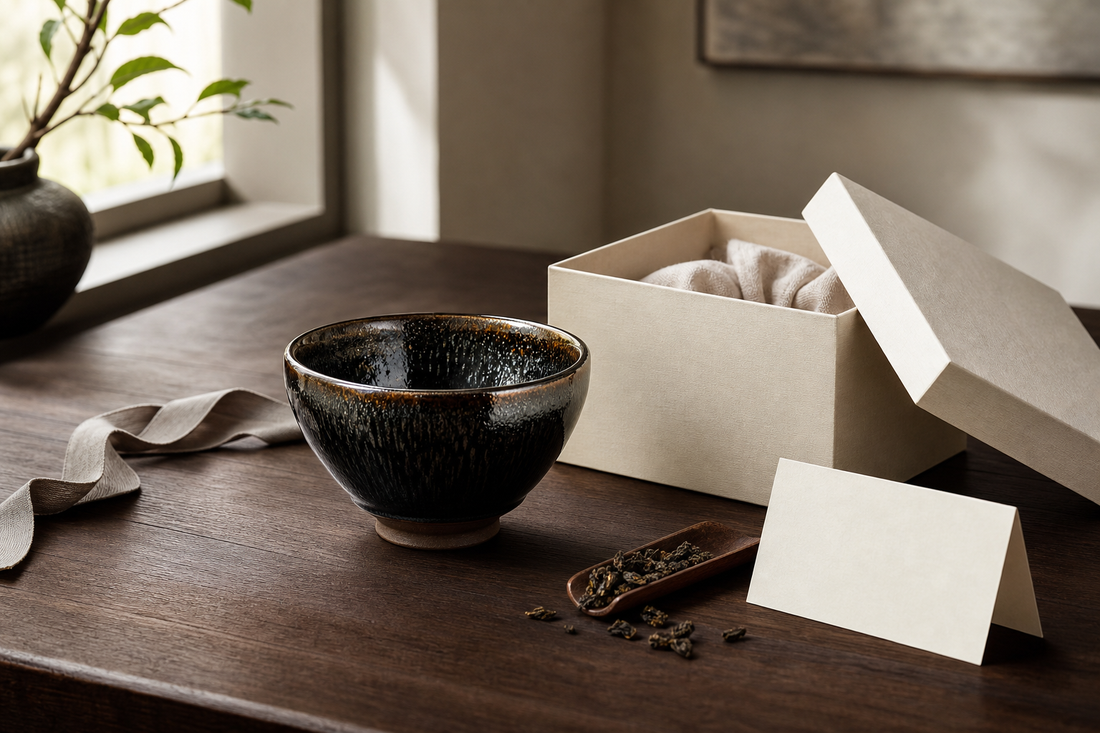 A contemporary Jian Zhan tea bowl beside an open cream gift box in soft window light