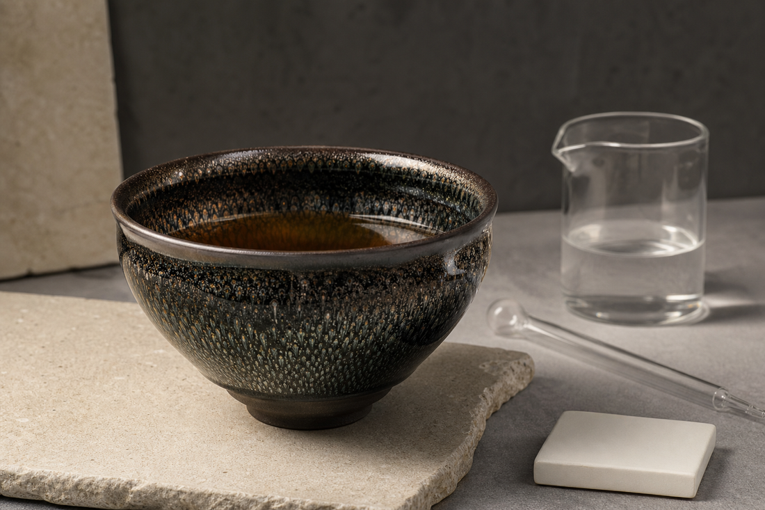 Beautiful black Jian Zhan tea bowl beside laboratory glassware for a ceramic food-safety testing guide