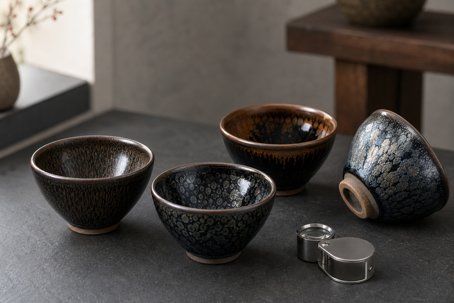 Four contemporary Jian Zhan bowls under neutral inspection light showing natural glaze variation in color and crystal pattern