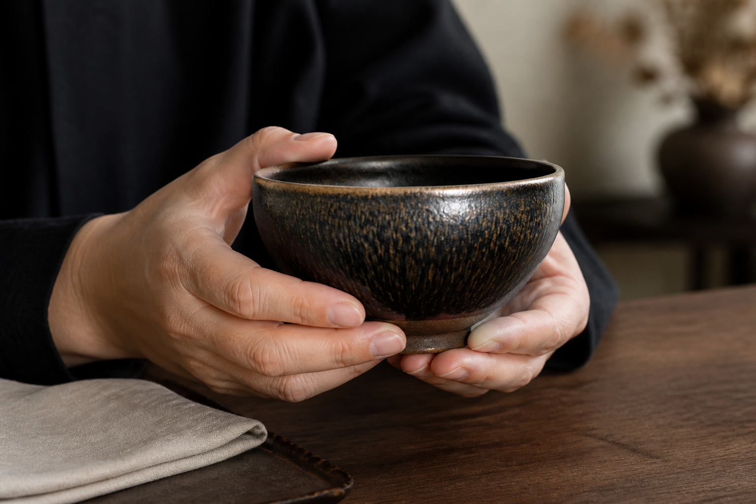 Two hands carefully cradling a substantial dark Jian Zhan tea bowl in soft natural light