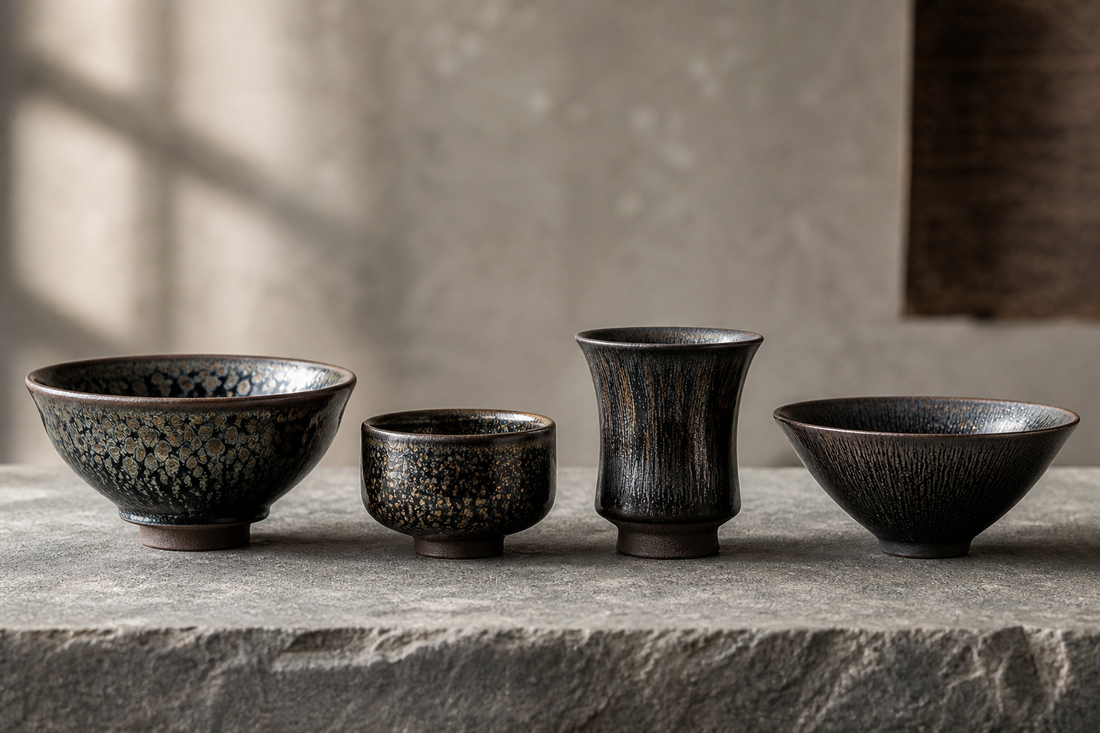 Four Jian Zhan tea cup shapes compared: open bowl, compact cup, tall ritual cup, and thin-wall bowl
