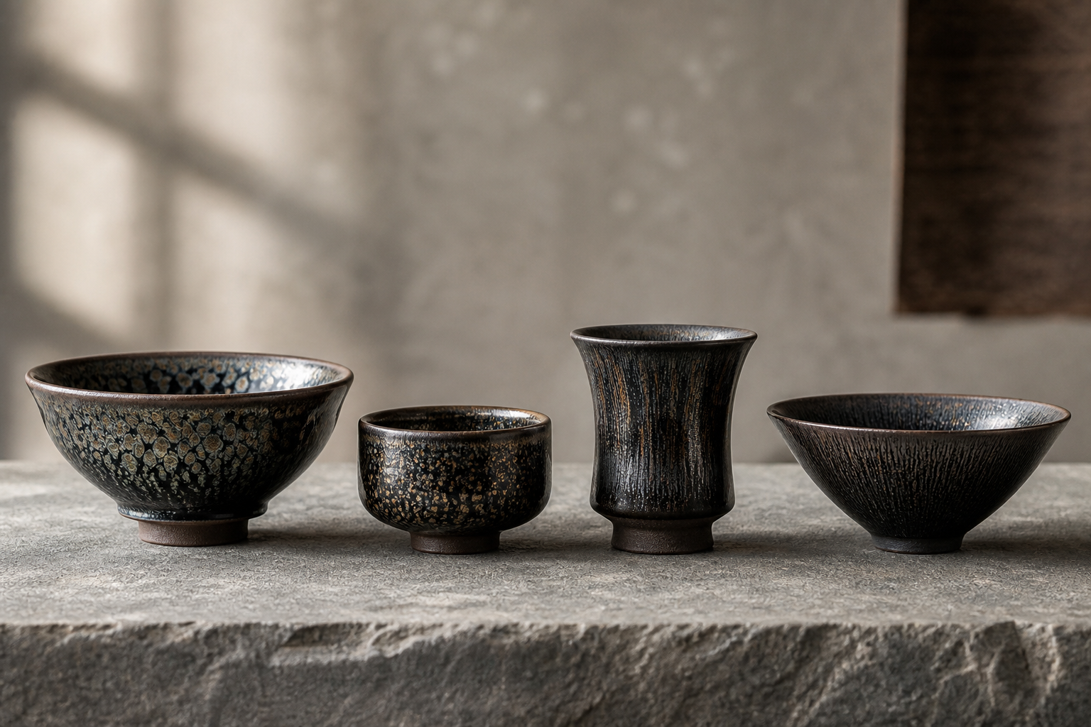 Four Jian Zhan tea cup shapes compared: open bowl, compact cup, tall ritual cup, and thin-wall bowl