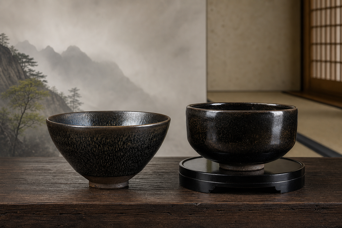 Chinese Jian Zhan tea bowl beside a Japanese Tenmoku-style bowl, showing their historical relationship