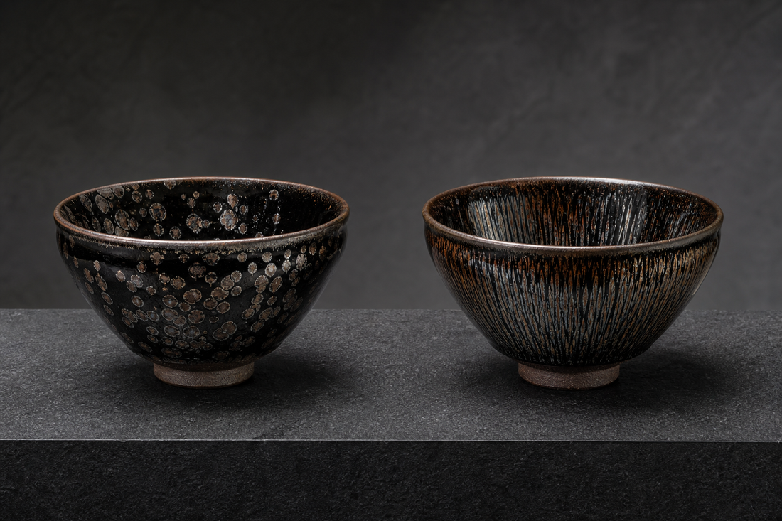 Oil spot Jian Zhan bowl beside a hare's fur Jian Zhan bowl in a museum-style glaze comparison