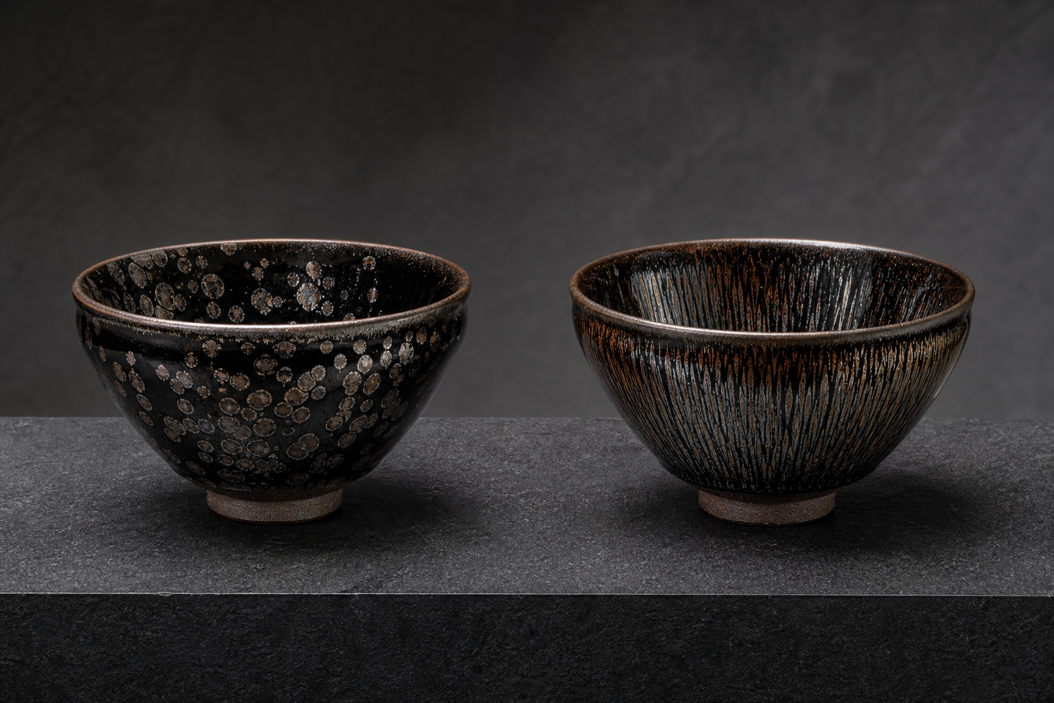 Oil spot Jian Zhan bowl beside a hare's fur Jian Zhan bowl in a museum-style glaze comparison