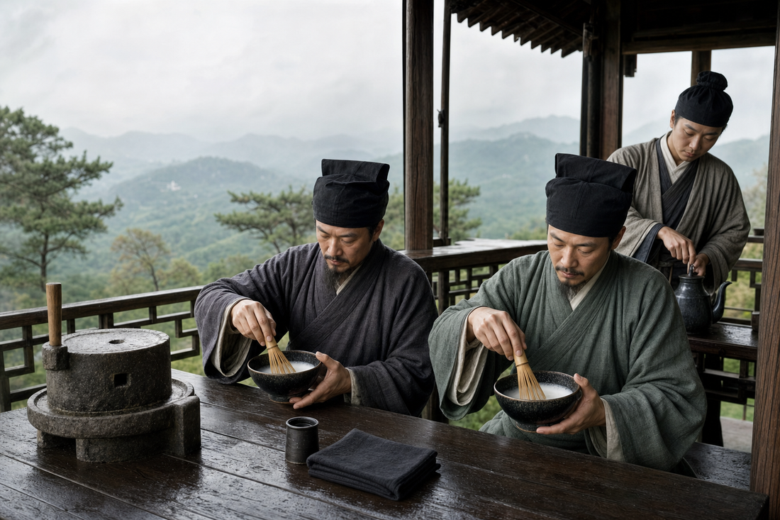 AI interpretation of a Song dynasty tea competition with scholars whisking pale tea foam in dark Jian Zhan bowls