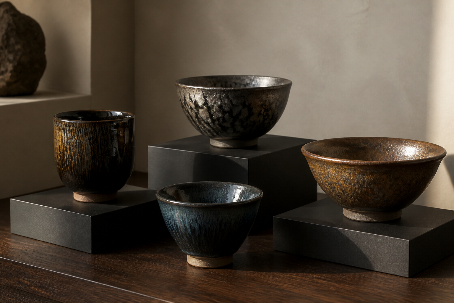 Four distinct Jian Zhan cups and bowls displayed as a curated collection in warm gallery light