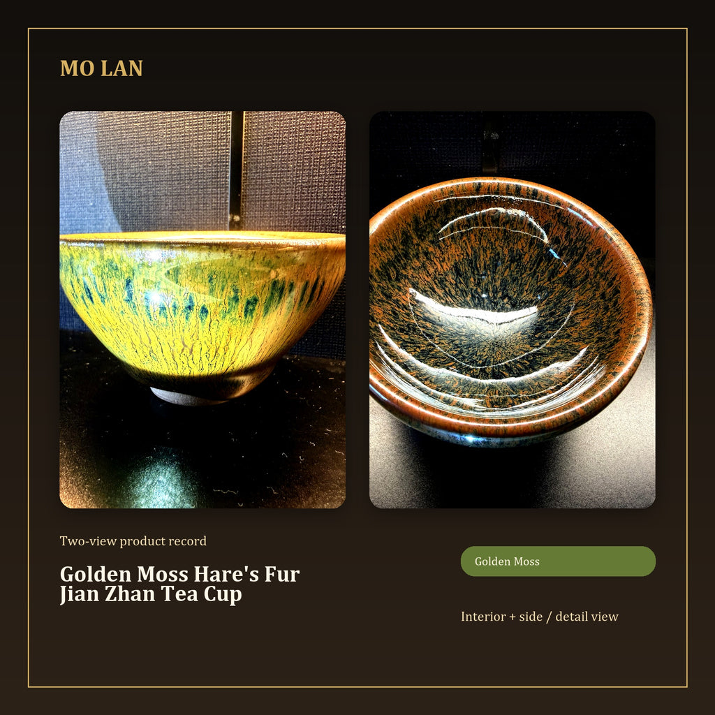 Golden Moss Hare's Fur Jian Zhan Tea Cup - inside and side dual view