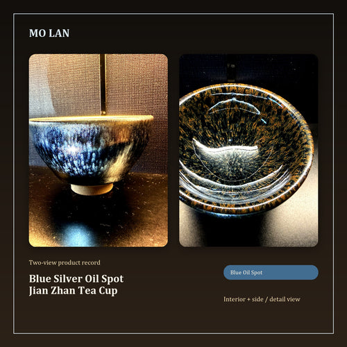 Blue Silver Oil Spot Jian Zhan Tea Cup - inside and side dual view