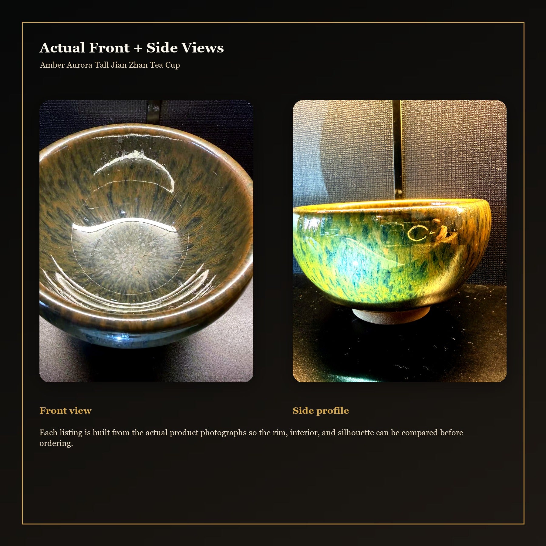 Amber Aurora Tall Jian Zhan Tea Cup - actual front and side views