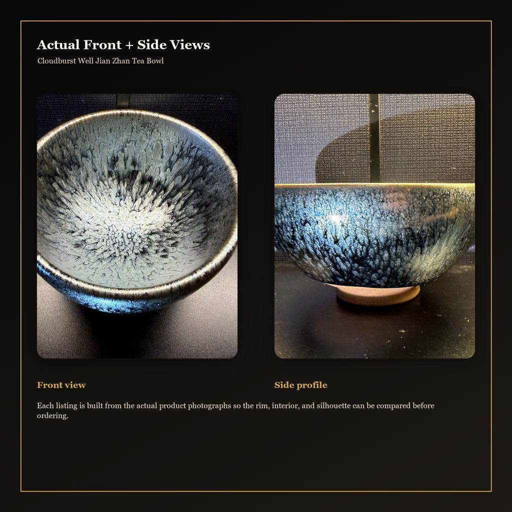Cloudburst Well Jian Zhan Tea Bowl - actual front and side views