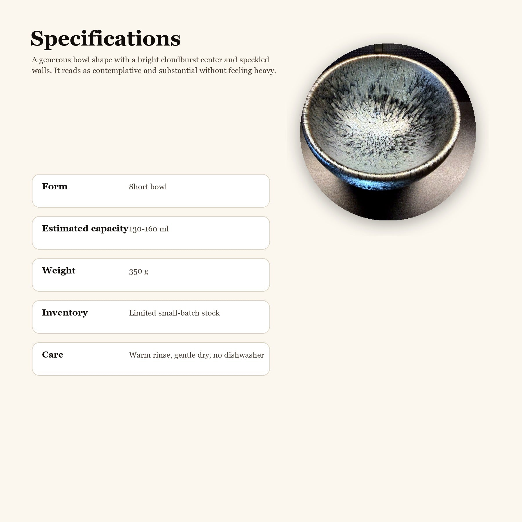 Cloudburst Well Jian Zhan Tea Bowl - specifications and use