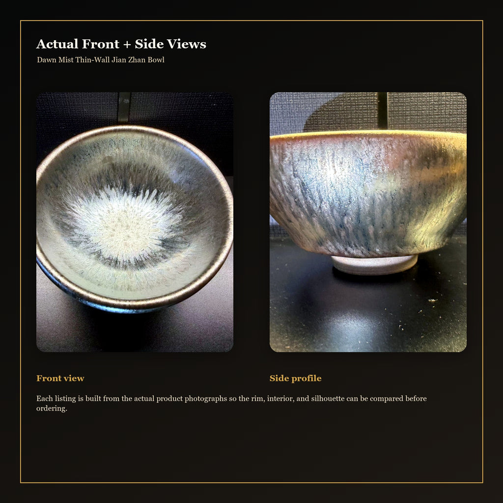 Dawn Mist Thin-Wall Jian Zhan Bowl - actual front and side views