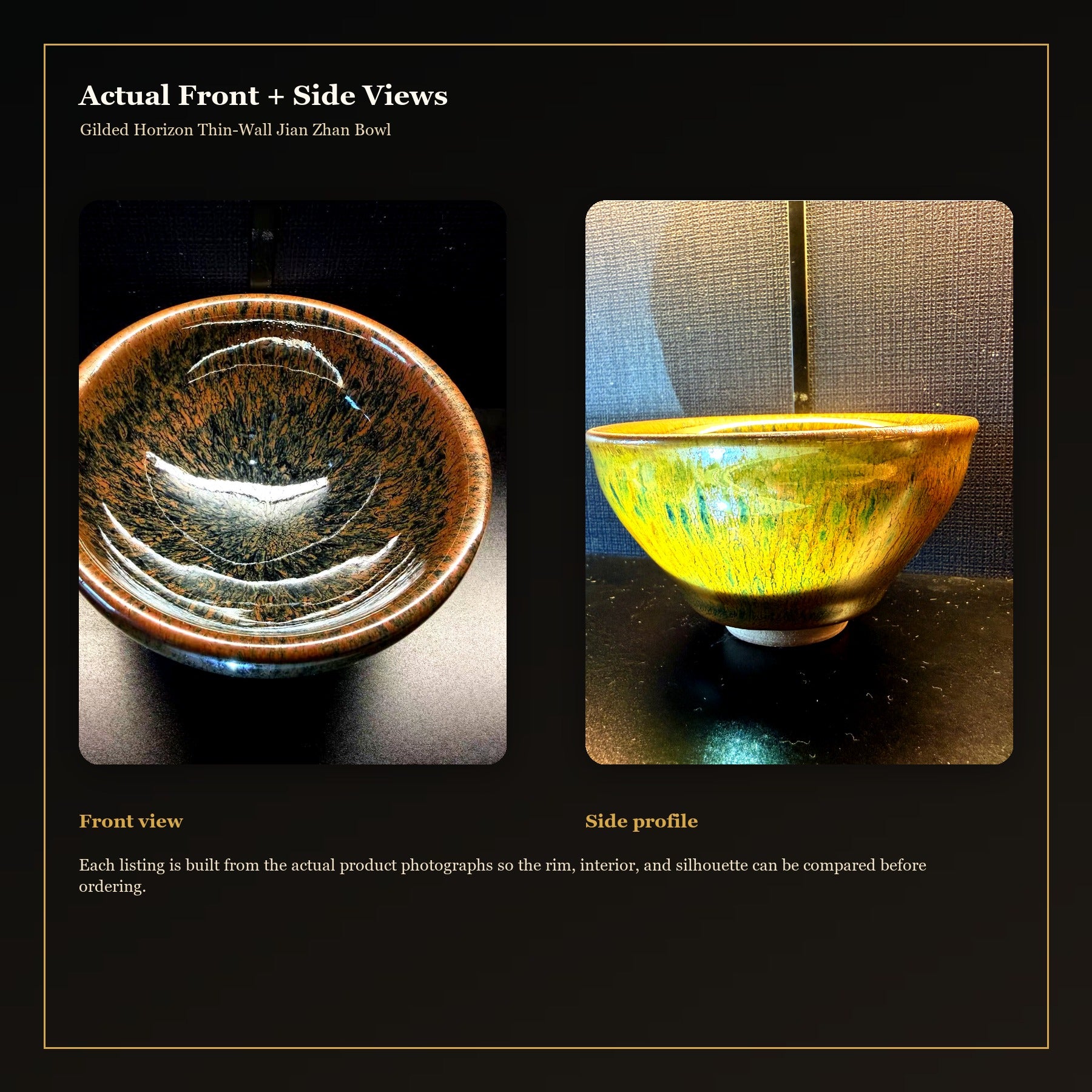 Gilded Horizon Thin-Wall Jian Zhan Bowl - actual front and side views