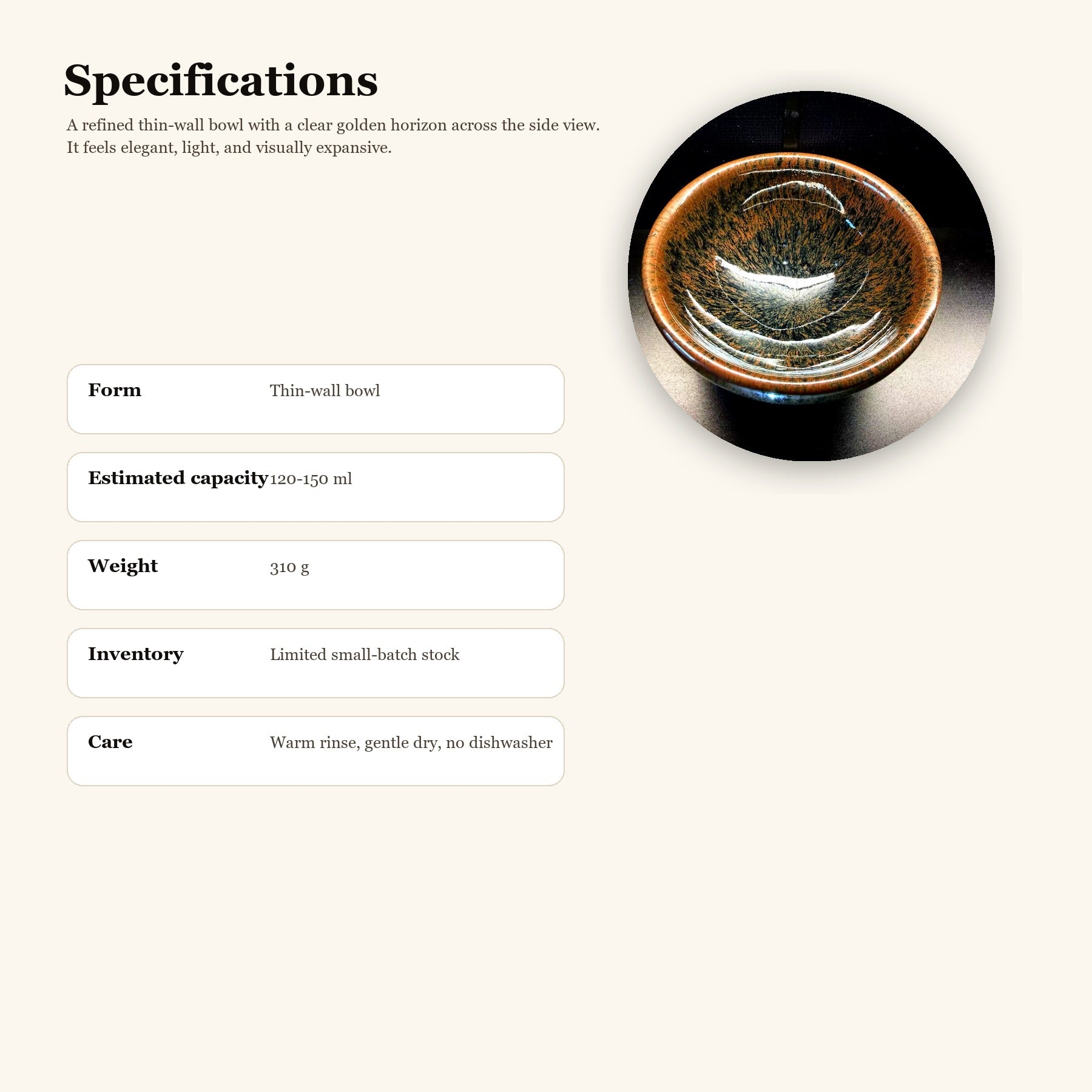 Gilded Horizon Thin-Wall Jian Zhan Bowl - specifications and use