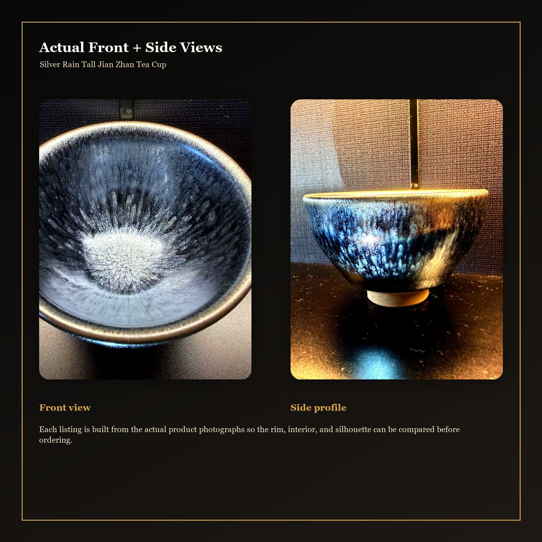 Silver Rain Tall Jian Zhan Tea Cup - actual front and side views
