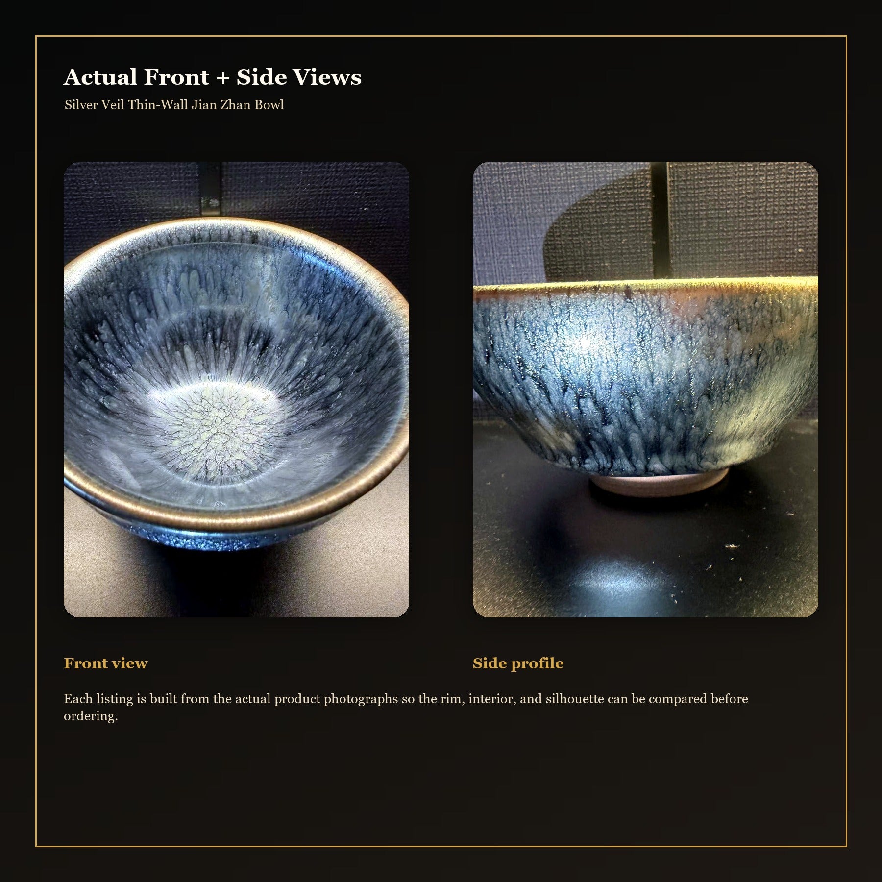 Silver Veil Thin-Wall Jian Zhan Bowl - actual front and side views