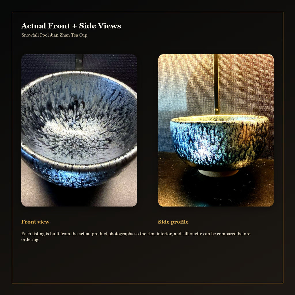 Snowfall Pool Jian Zhan Tea Cup - actual front and side views